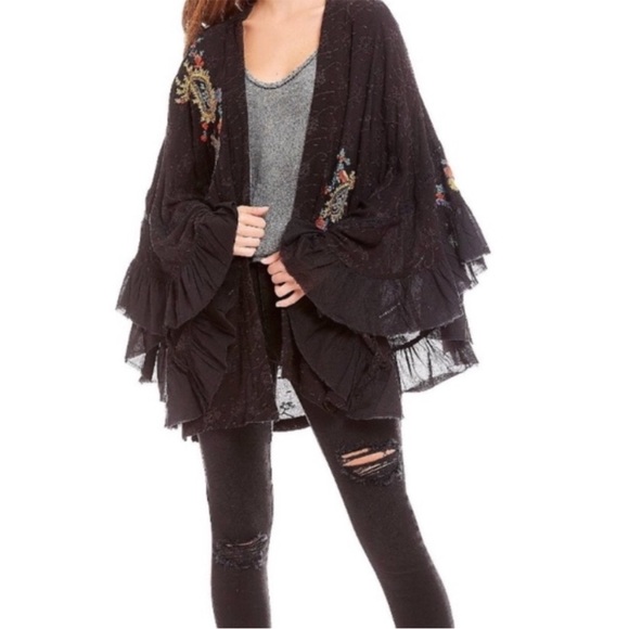 FREE PEOPLE | Black Dottie West Boho Bell Sleeve Kimono Cardi - Picture 7 of 9